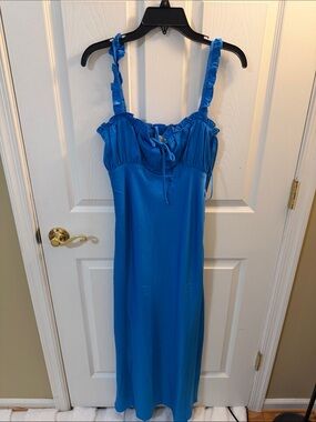 WAYF Blue Satin Slip Dress with Ruffled Straps